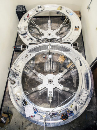 The Rotating Wheel Rayleigh Taylor Instability Experiment, a device Banerjee and his team built to mimic the conditions of inertial confinement. 