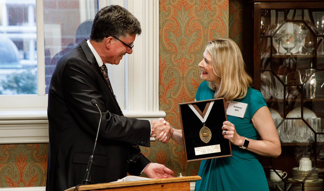 Whitney P. Witt received a Lehigh medallion as she is installed as dean, pictured here with Provost Pat Farrell