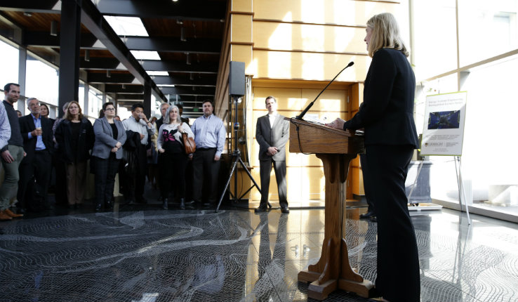 Dean Whitney P. Witt speaks to crowd at welcome reception. 