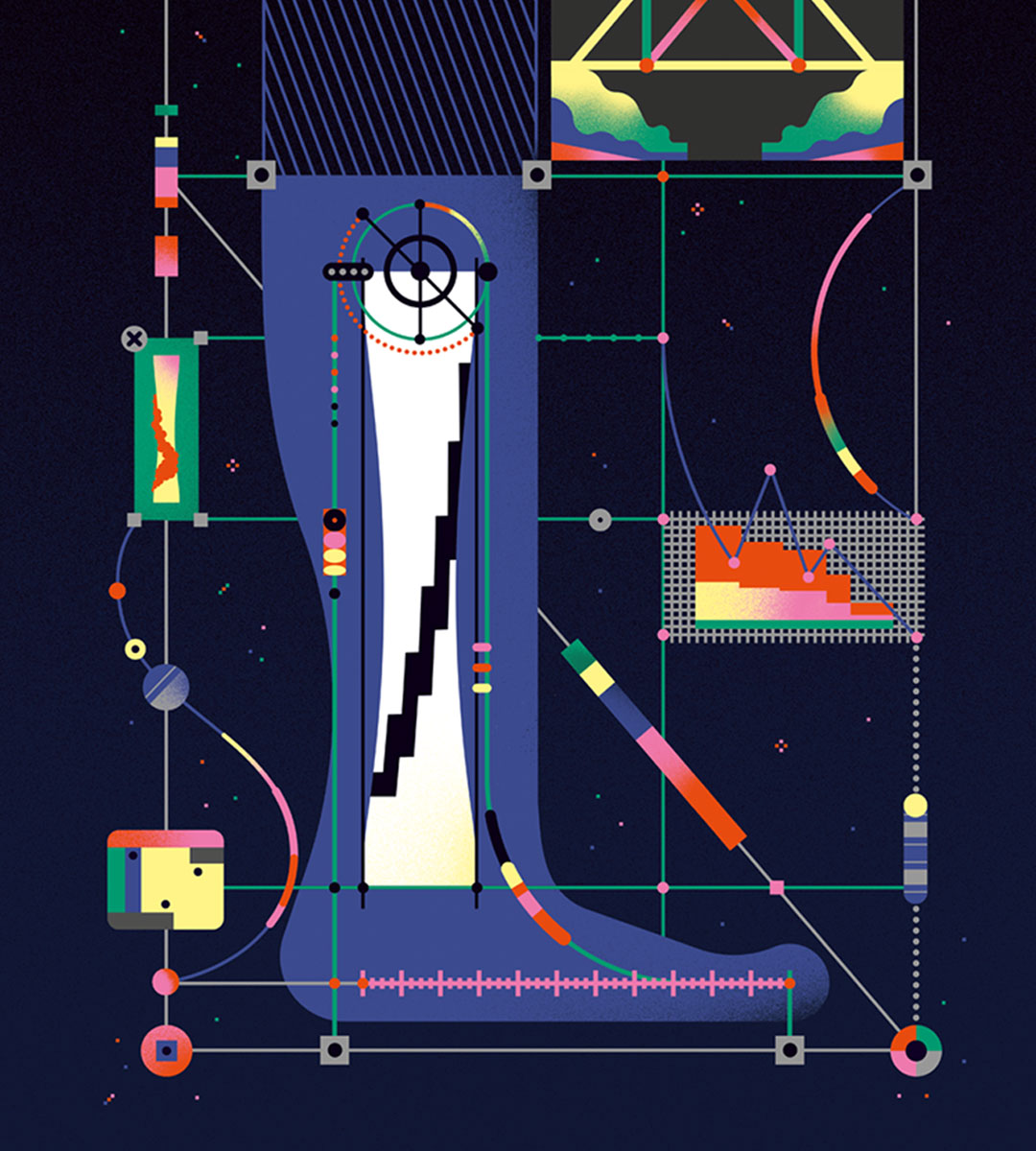 Colorful illustration of shin and foot with broken bone