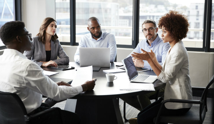 A woman speaking to a group of people around a table in a conference room