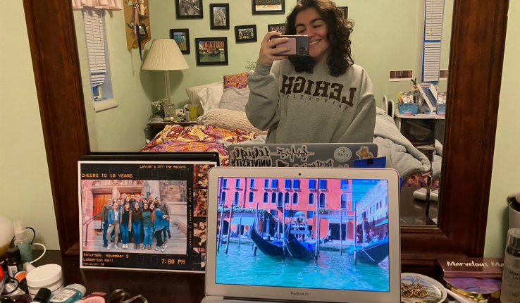 Natalie Maroun posing at home in a Lehigh sweatshirt