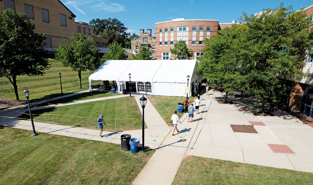 An aerial photo of COVID testing on campus