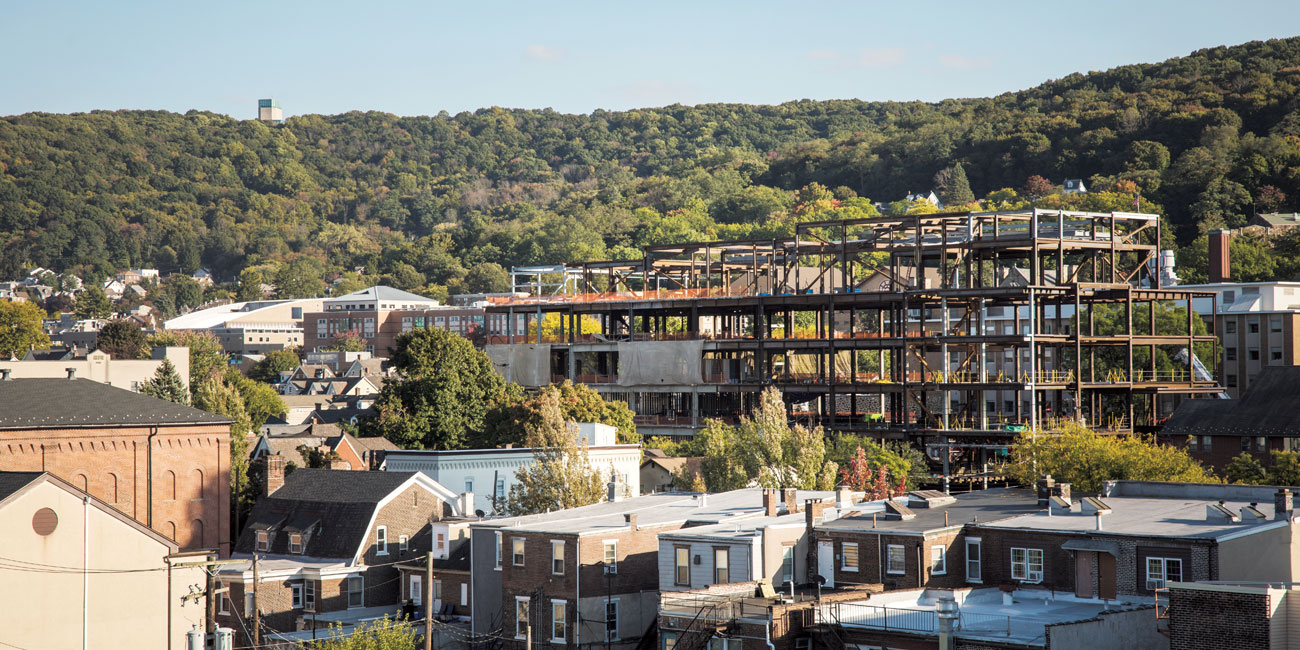 View of construction on the Health, Science and Technology Building