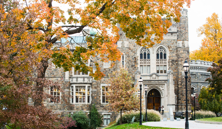 Lehigh University's Linderman Library with yellow fall foliage in the foreground