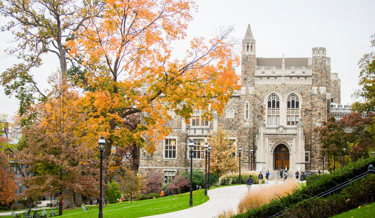 Campus featuring Linderman Library in the fall.