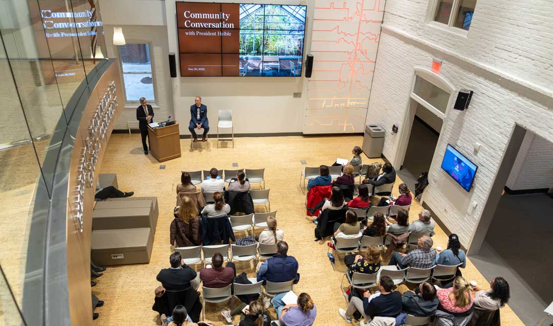 Joseph J. Helble speaks to audience at Community Conversation