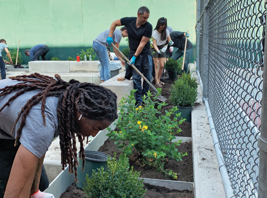 Della Valle helps students at Khalil Gibran International Academy add soil and plants to planters near a basketball court.