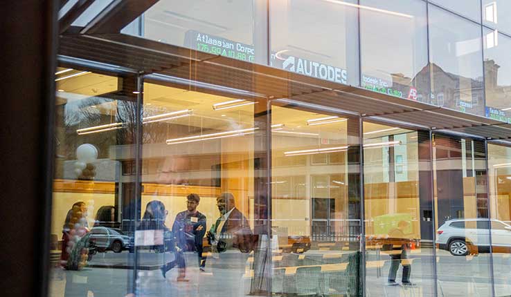 Glass walls on the first floor of the Business Innovation Building