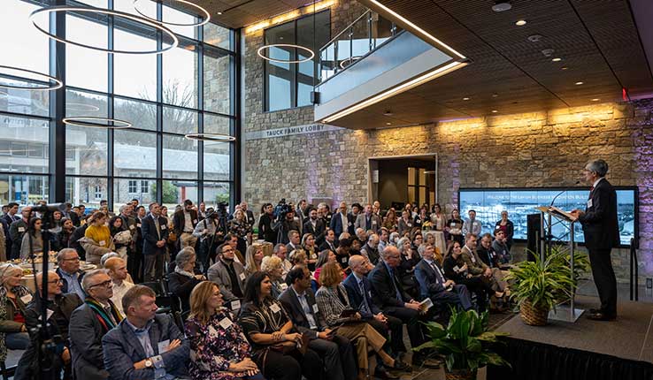 President Helble addresses the crowd at the Business Innovation Building open house