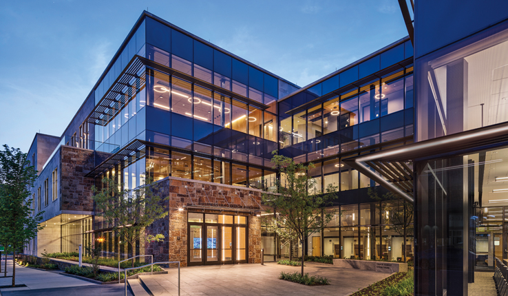 Business Innovation Building main entrance at dusk