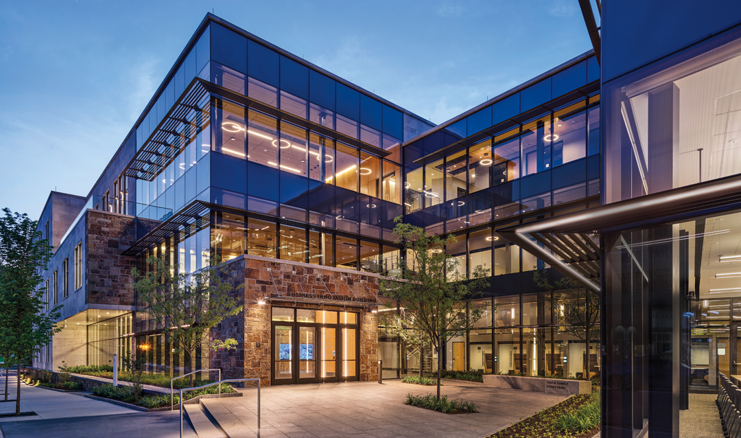 Business Innovation Building main entrance at dusk