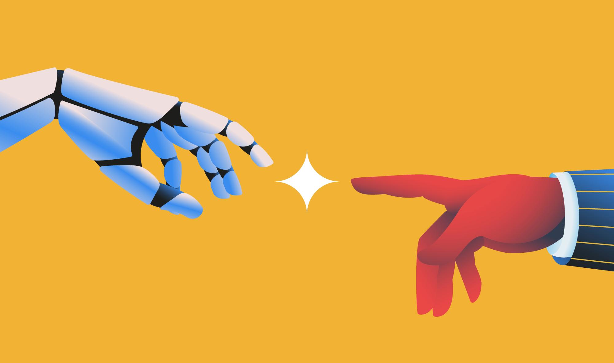 A robot hand touches a human hand in an illustration.