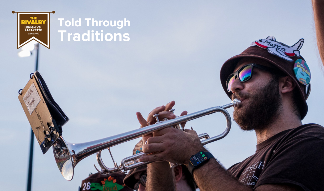 A man wearing Lehigh gear plays the trumpet