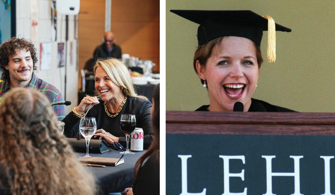 Katie Couric attending a student Q&A at Lehigh and giving the Commencement address in 1999.