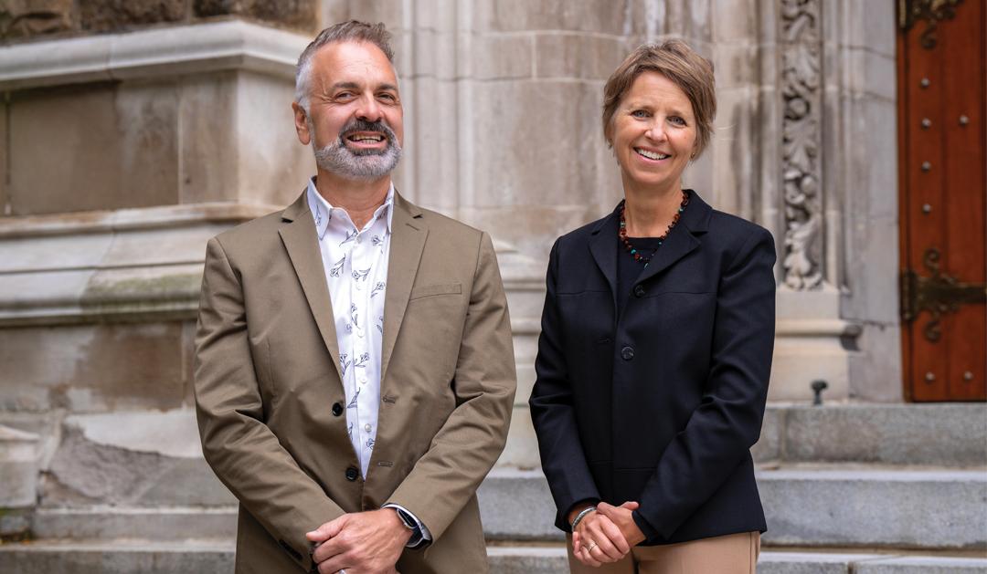 Robin Hojnoski (right) is leading the College of Education as acting dean for two years while Bill Gaudelli (left) focuses on university-wide projects.