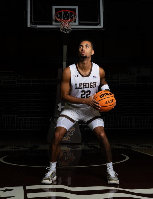 Lehigh men's basketball senior guard Tyler Whitney-Sidney on the Lehigh basketball court.