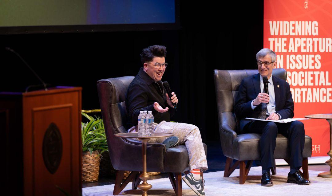 V Spehar and Lehigh University President Joseph J. Helble '82 onstage at the Compelling Perspectives event