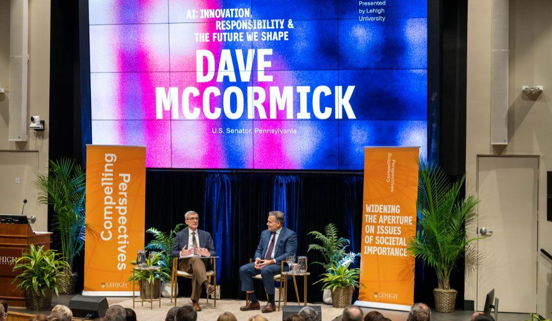 President Joseph J. Helble '82 and Senator Dave McCormick on stage at Compelling Perspectives.