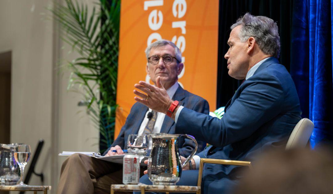 President Joseph J. Helble '82 and Senator Dave McCormick on stage at Compelling Perspectives.