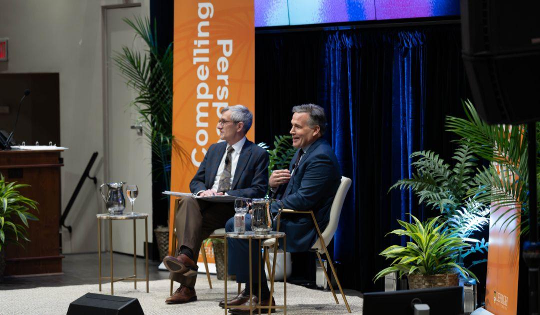 President Joseph J. Helble '82 and Senator Dave McCormick on stage at Compelling Perspectives.