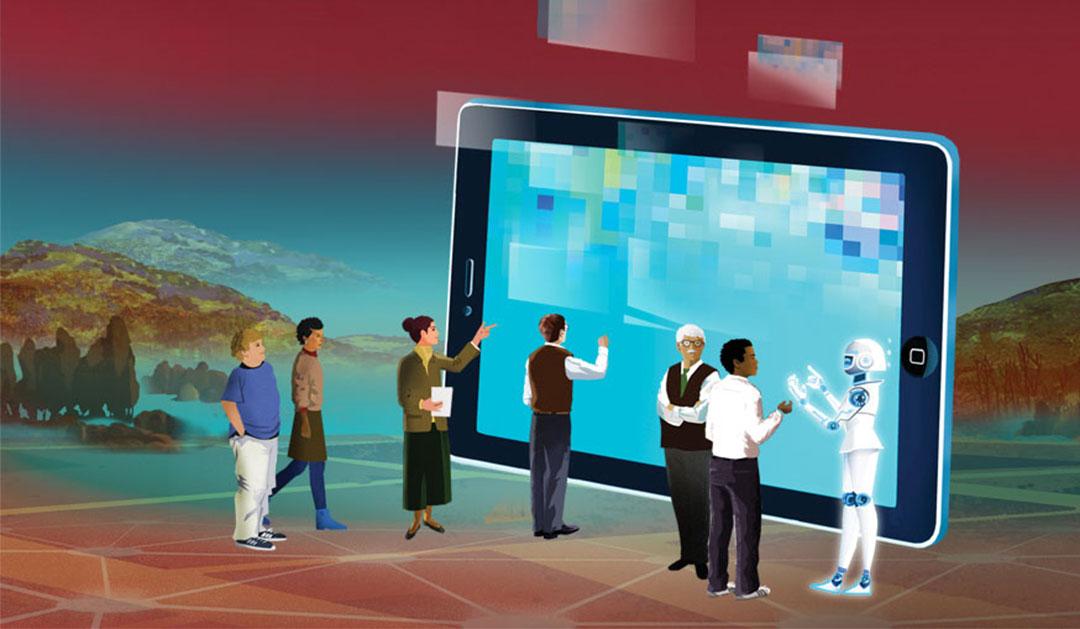An illustration of a diverse group of people interacting with a large tablet in a scenic landscape.