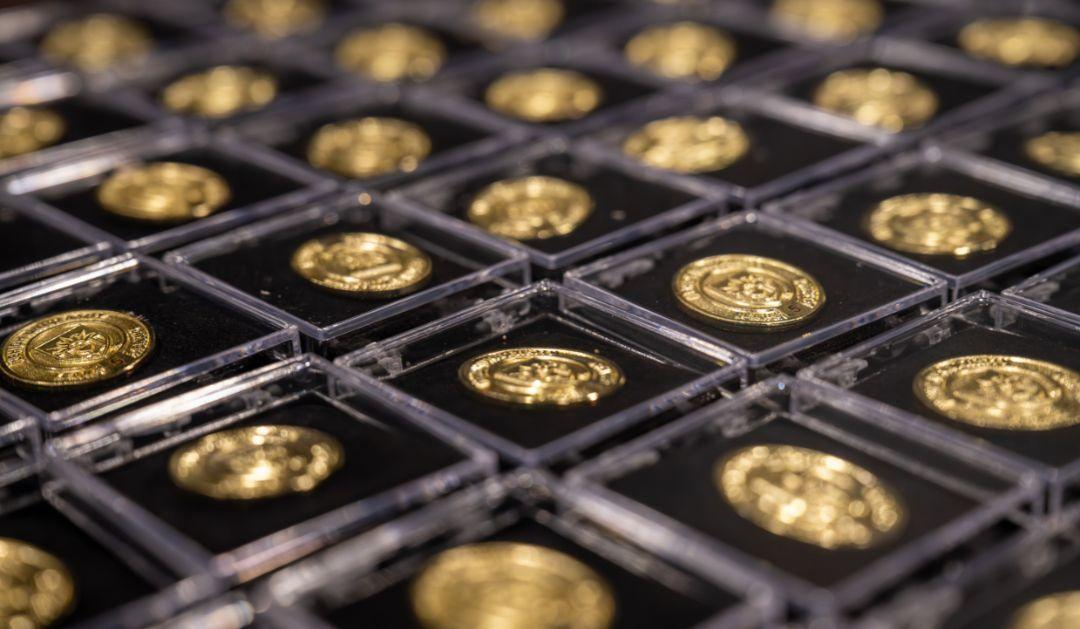 Close-up of arranged gold coins in protective cases on a display surface.