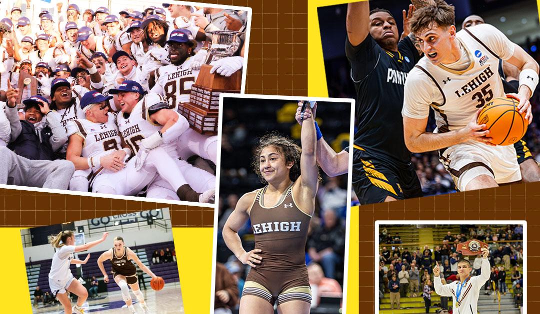 Collage of Lehigh University athletes competing, celebrating wins, and holding trophies in various sports.