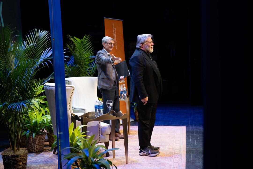 Steve Wozniak and Lehigh University President Joseph J. Helble stand on a stage at an event