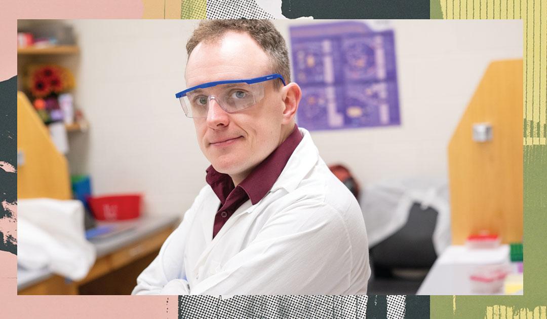 Daniel Laverty with safety googles in a lab