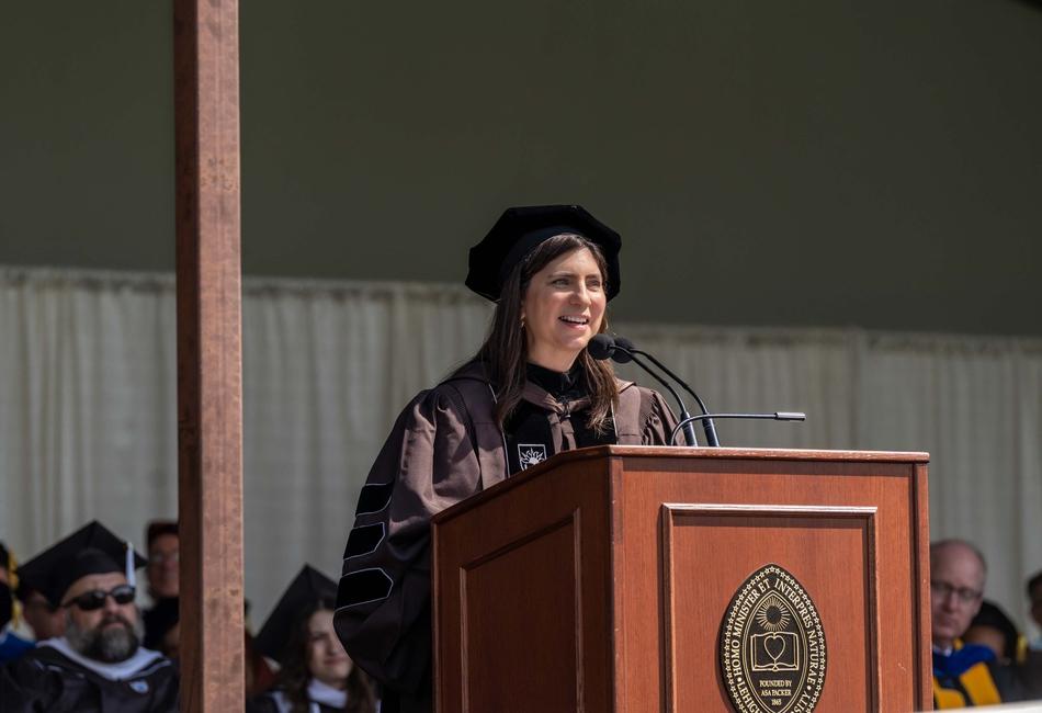 Stacey Cunningham ’96 addressing graduates at Lehigh's 158th Commencement Ceremony