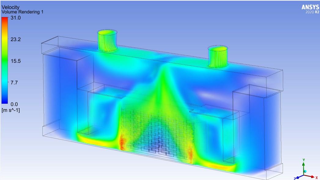 ANSYS CFD simulation showing 3D velocity distribution within a rectangular chamber.