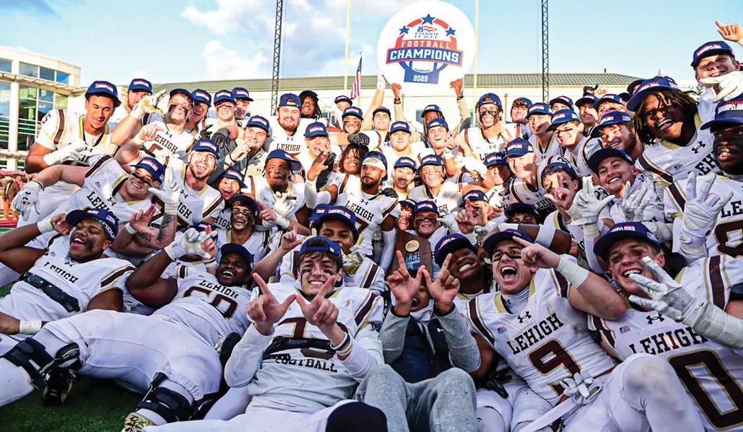 Photograph of Lehigh football players celebrating a championship victory.