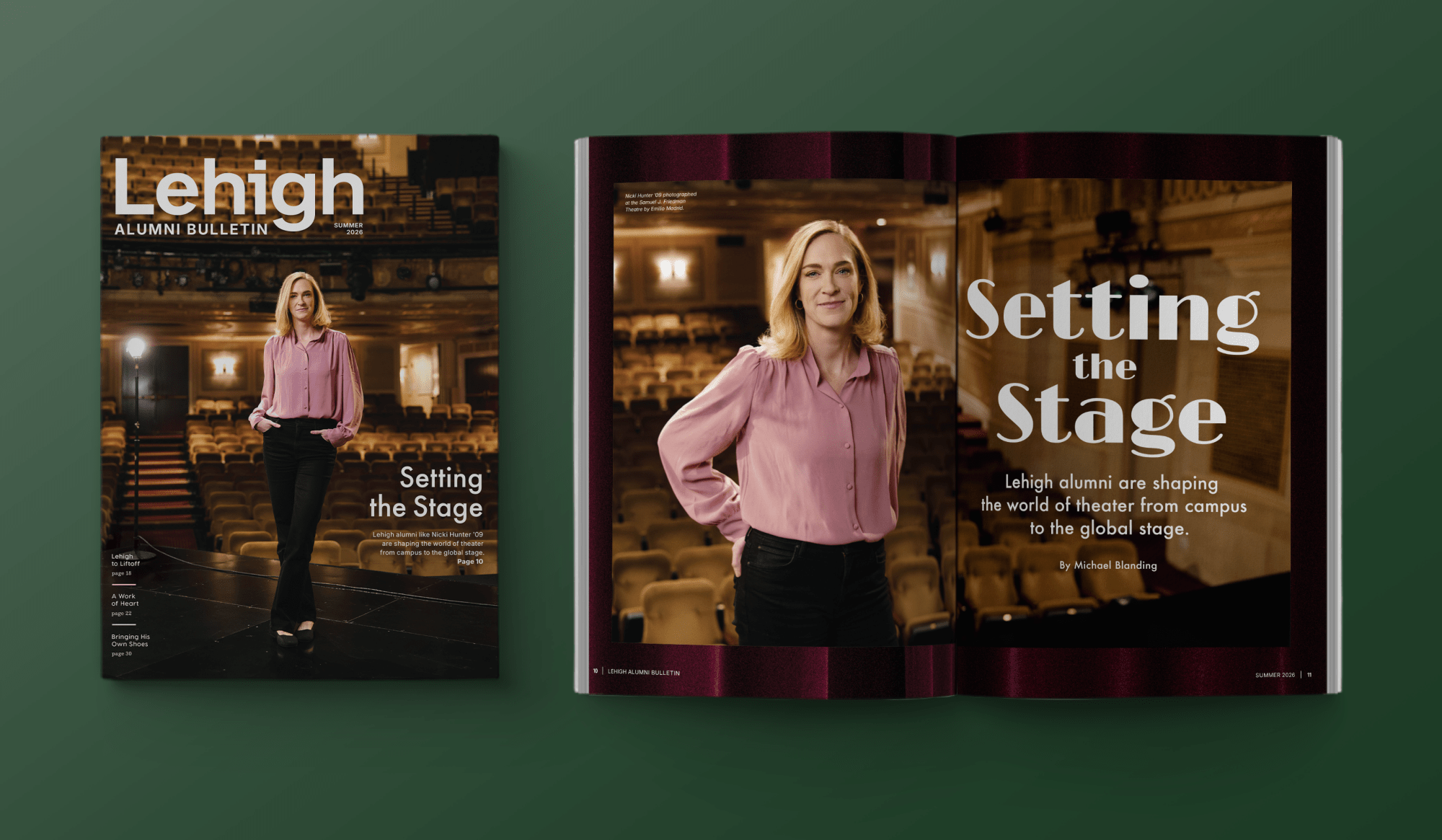 Lehigh Alumni Bulletin cover and open pages featuring a woman on a theater stage.