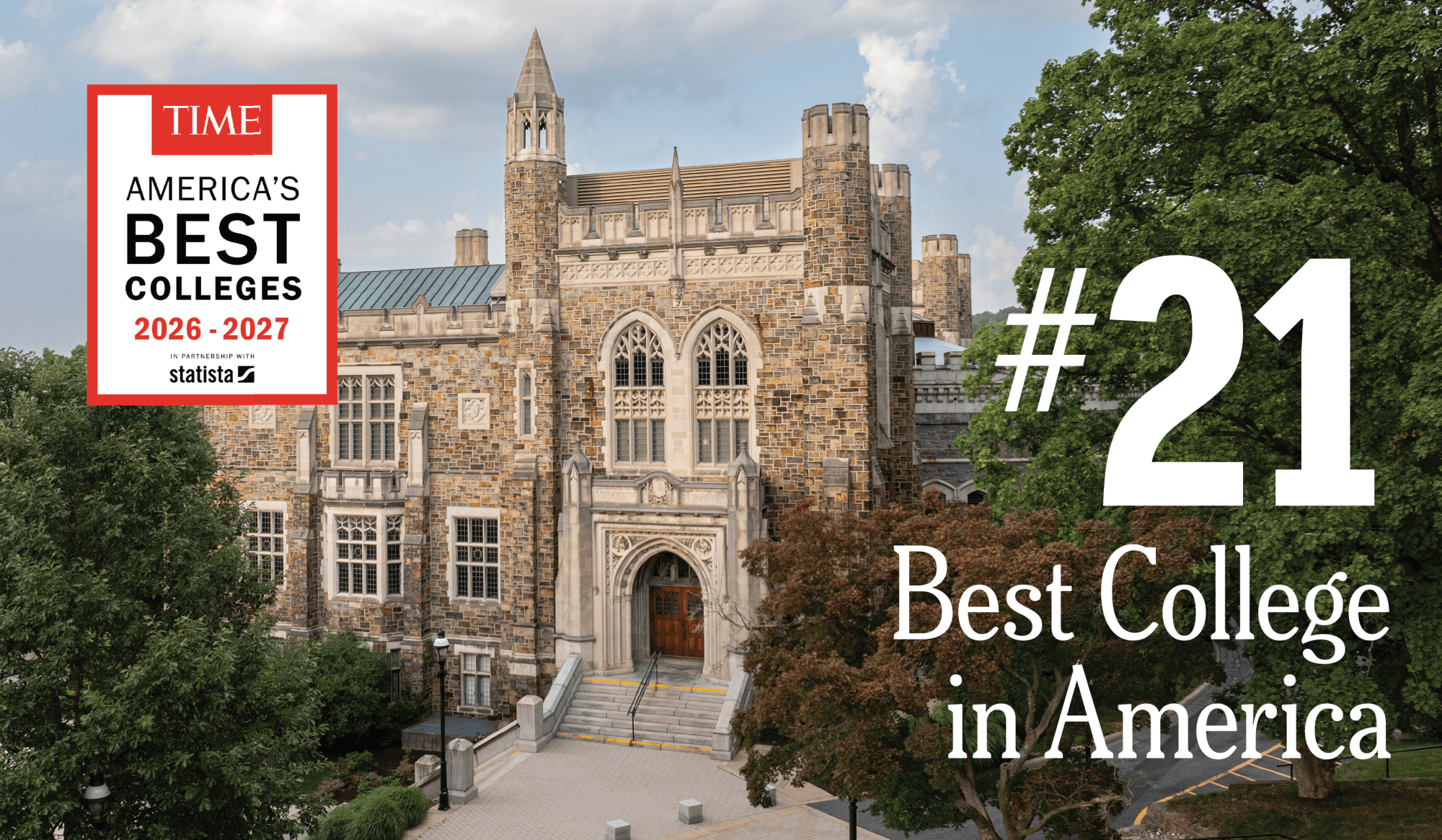 Time's #21 Best College in America 2026-2027 award graphic with stone campus building.