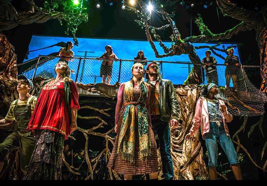 A show of "Into the Woods" with multiple actors on stage in costumes.
