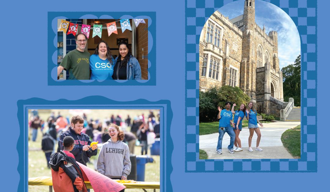 Collage of three photographs showing university students and staff at various campus events.
