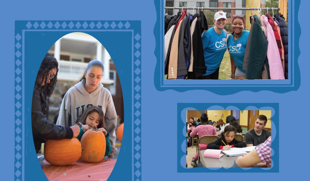 Photographs of volunteers carving pumpkins, organizing clothes, and tutoring.