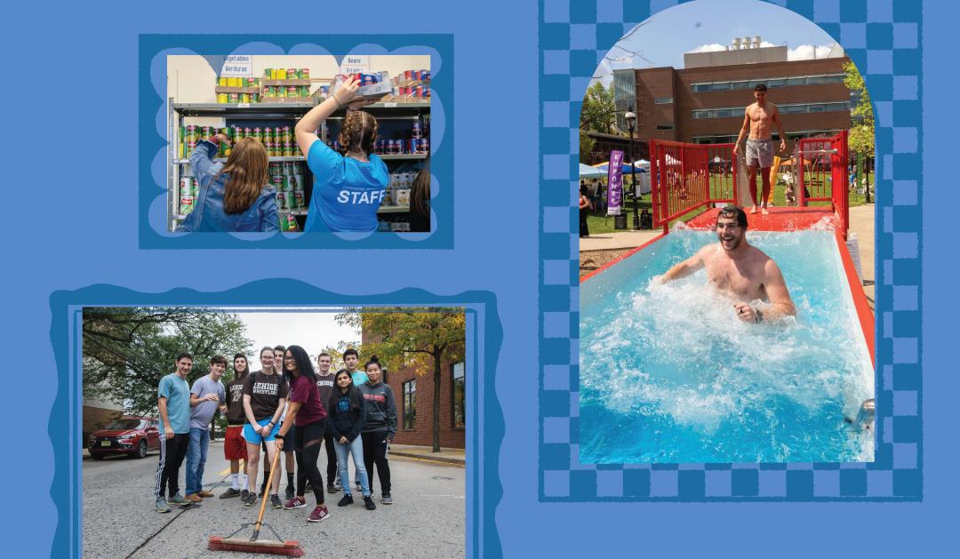Collage of students volunteering at a food pantry, cleaning a street, and playing in a pool.