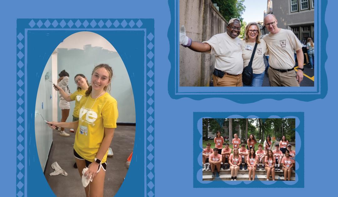 Collage of photographs showing volunteers painting and posing in group photos.