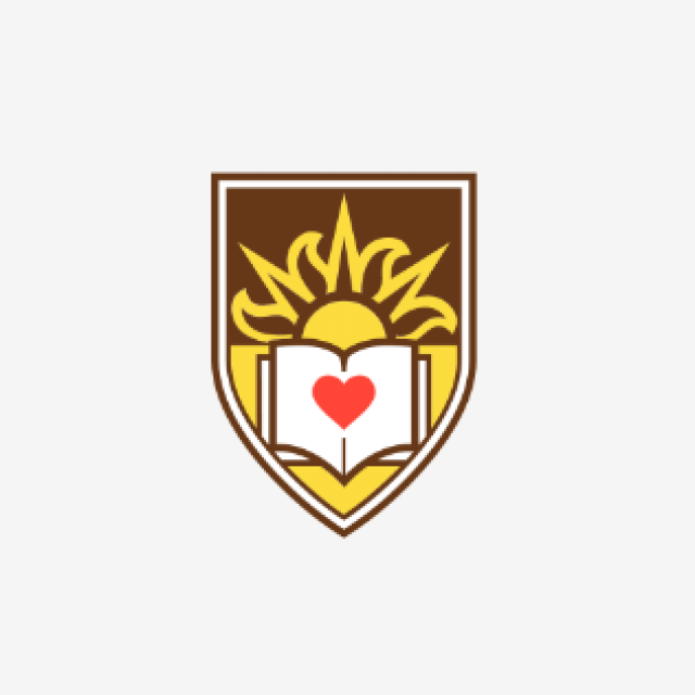 Shield logo featuring a yellow sun rising over an open white book with a red heart.