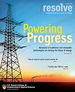 Cover of a magazine titled "Resolve" featuring a large electrical power line against a sunset sky. Main headline reads "Powering Progress" with smaller text about advanced materials and energy technologies. Logos appear at the bottom.