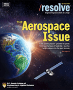 Resolve magazine cover: The Aerospace Issue, featuring Earth and a satellite in space.
