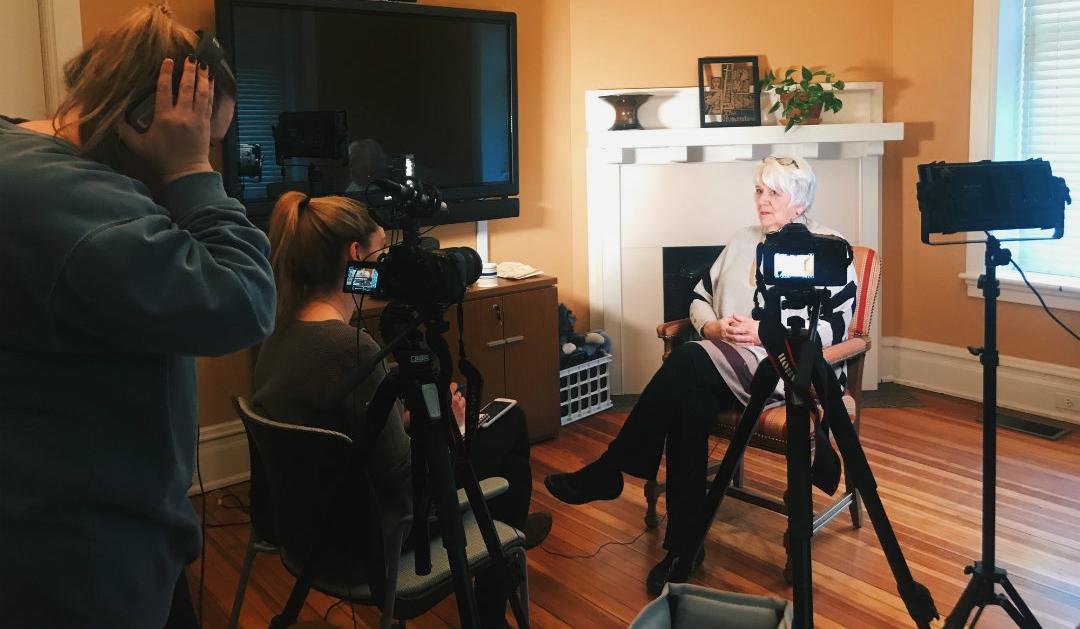 Lehigh students Kari Moffat and Caroline Kelliher interviewing a community member named Connie for their documentary film