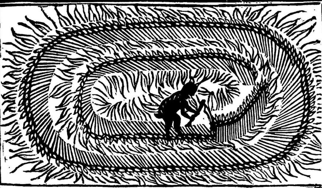 The title illustration from a 1678 pamphlet called “The Mowing-Devil: Or, Strange News out of Hartford-shire.” A devil-like character pushing a mower through a field. 