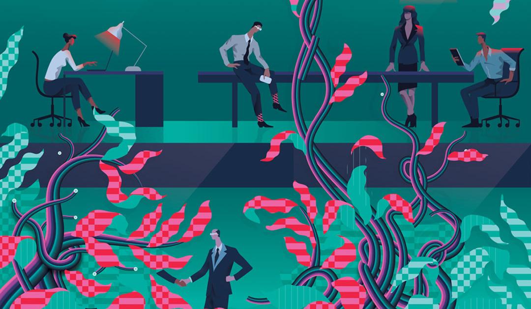 Illustration showing the complicated relationship between technology and labor.