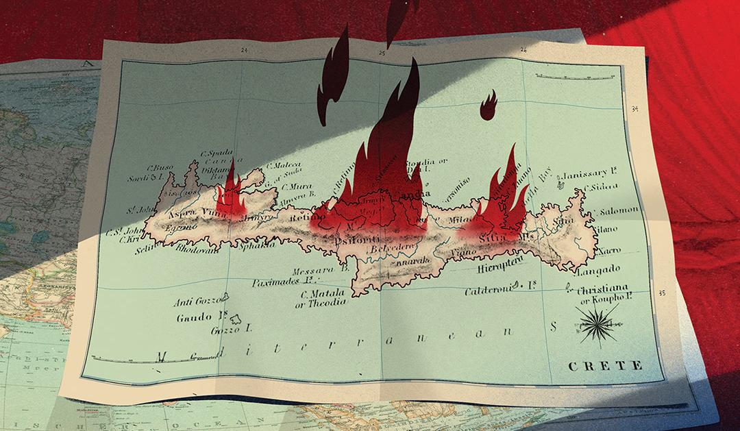 Illustrated map of Crete with flames drawn atop it