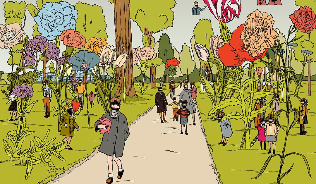 A colorful illustration of people walking on and alongside a path through green grass and giant flowers. The people are wearing gas masks. 