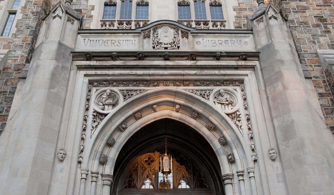 Stone arch over doorway of Lehigh University's Linderman Library