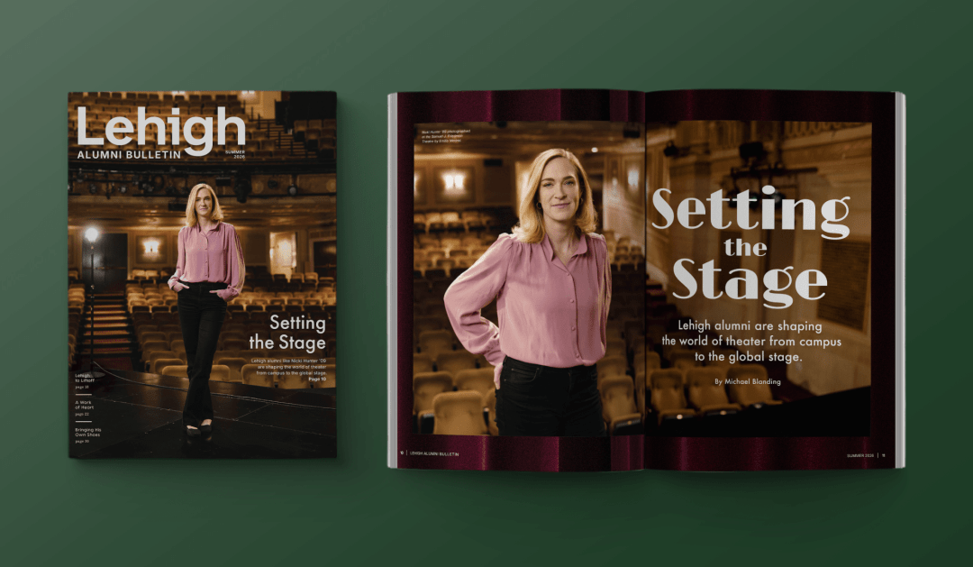 Lehigh Alumni Bulletin cover and open pages featuring a woman on a theater stage.